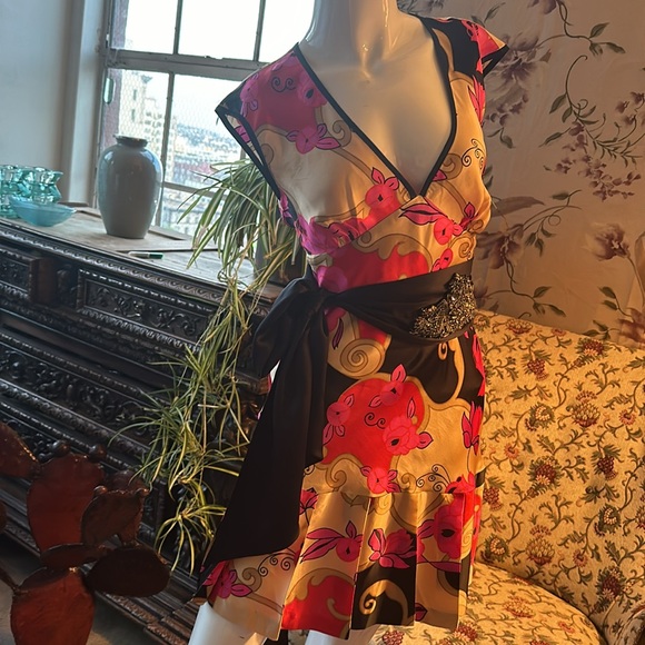 Pure Silk Charmeuse Above knee New Dress Drop shoulder Sleeveless V neck Floral - Picture 11 of 13